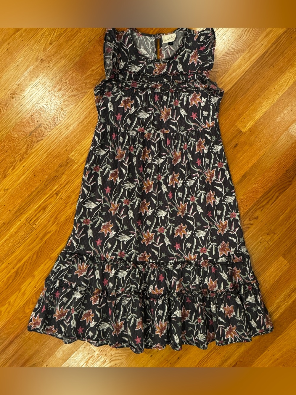 Universal Thread Boho Gray Floral Ruffle Tiered Midi Dress, Size Large